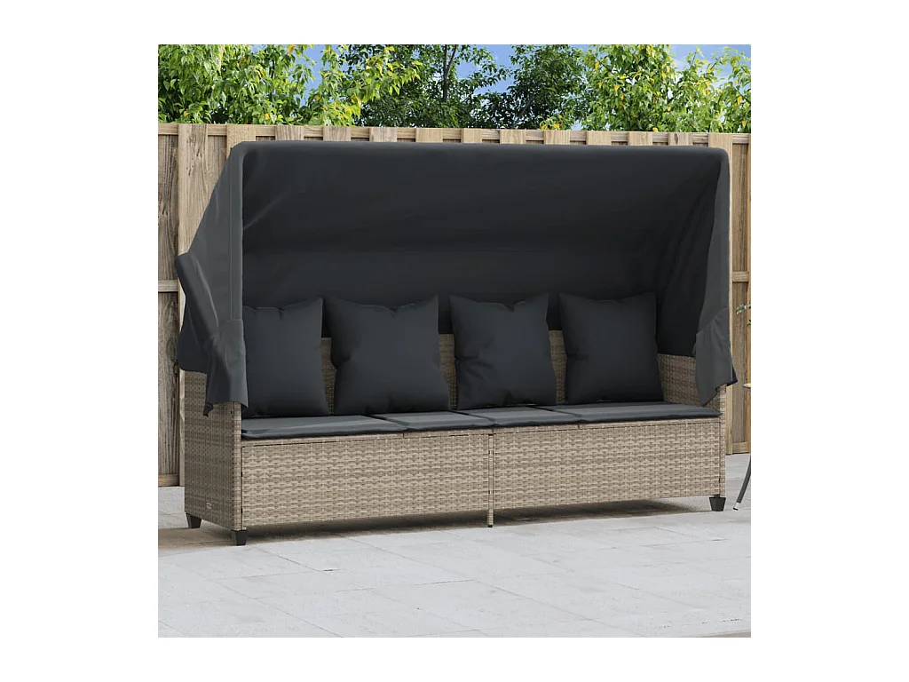 Chaise longue met zonnescherm en lichtgrijze kussens in geweven hars