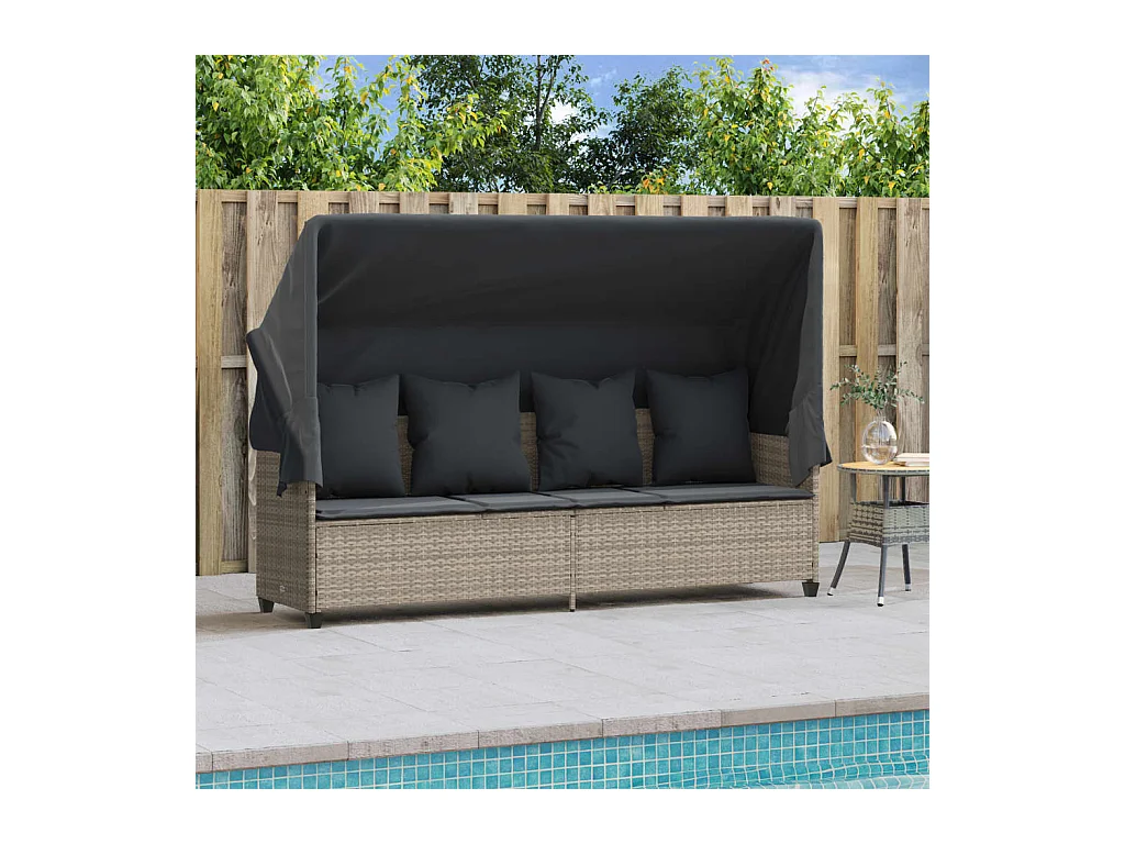 Chaise longue met zonnescherm en lichtgrijze kussens in geweven hars