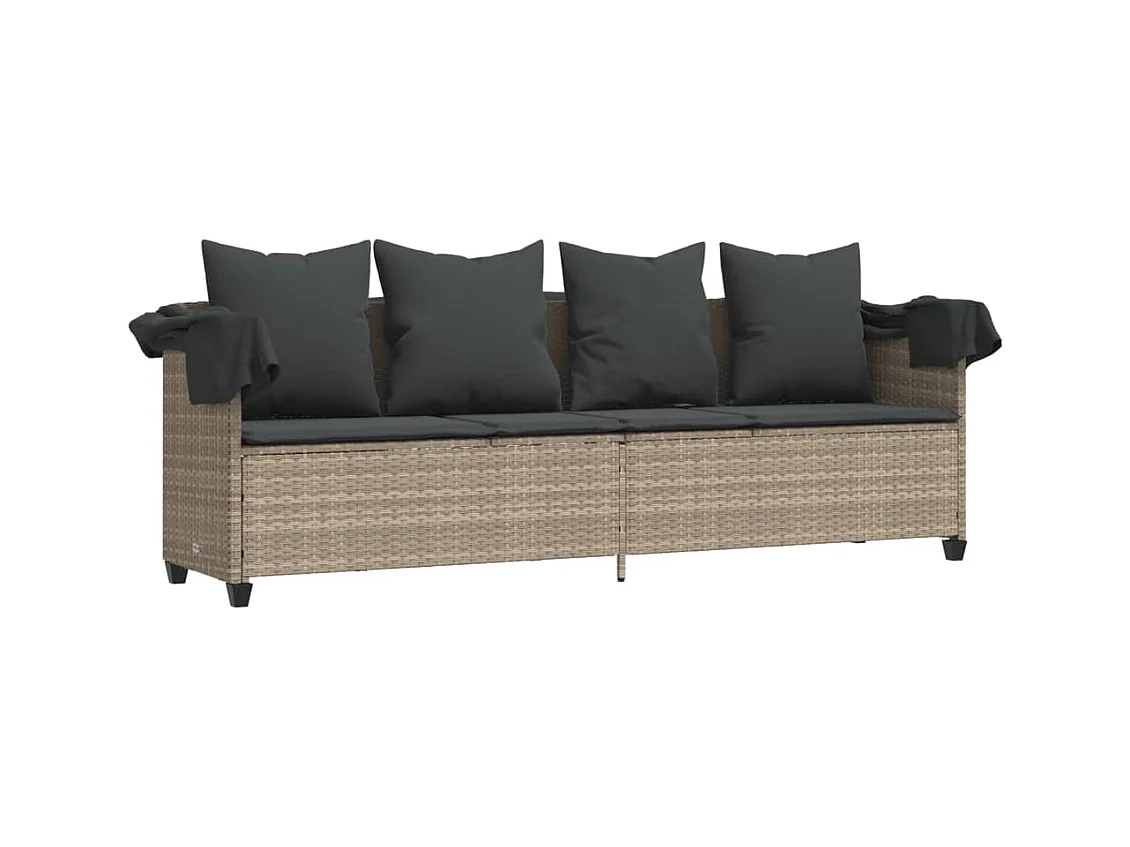 Chaise longue met zonnescherm en lichtgrijze kussens in geweven hars