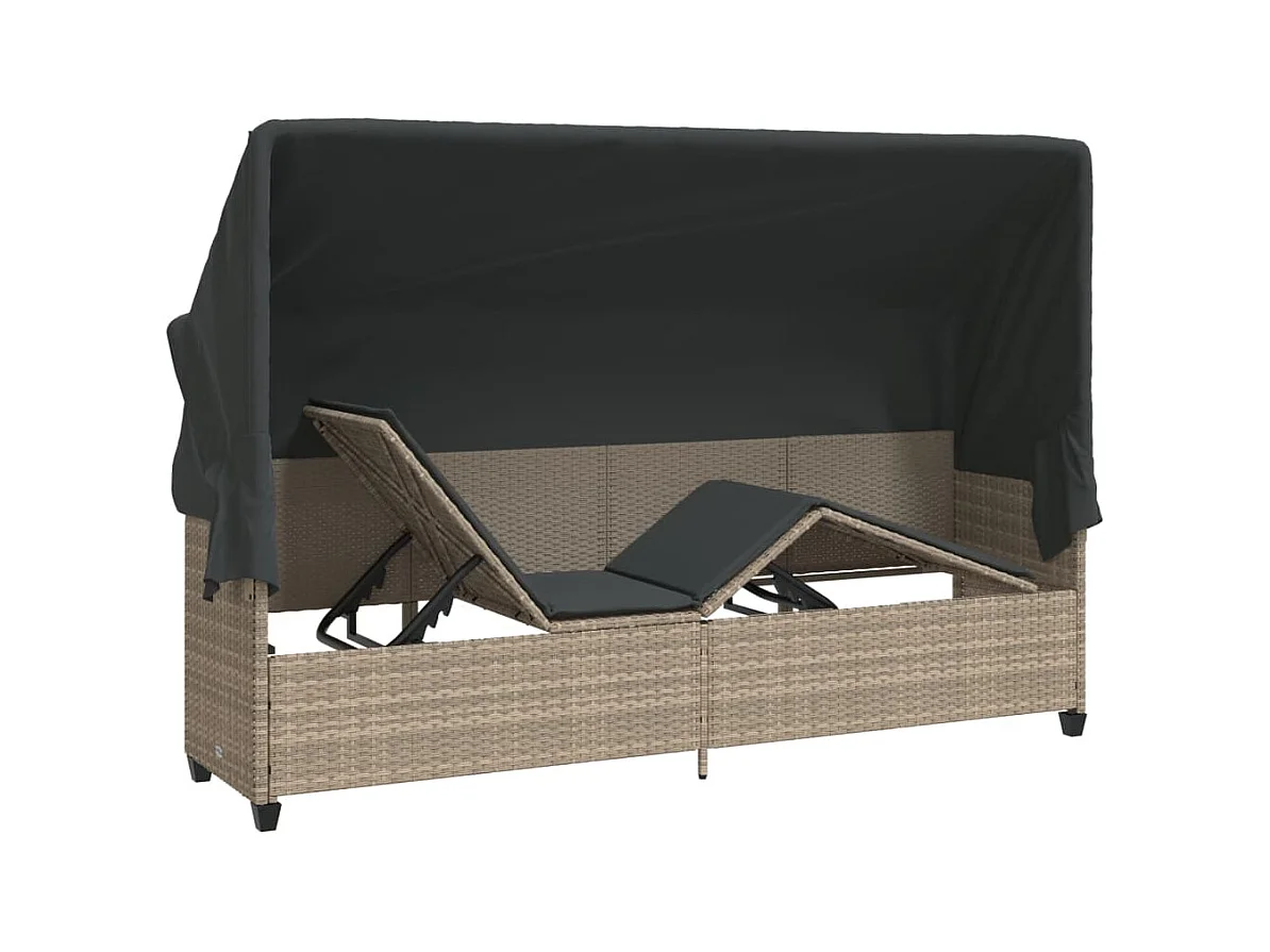 Chaise longue met zonnescherm en lichtgrijze kussens in geweven hars