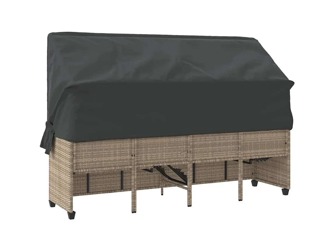 Chaise longue met zonnescherm en lichtgrijze kussens in geweven hars