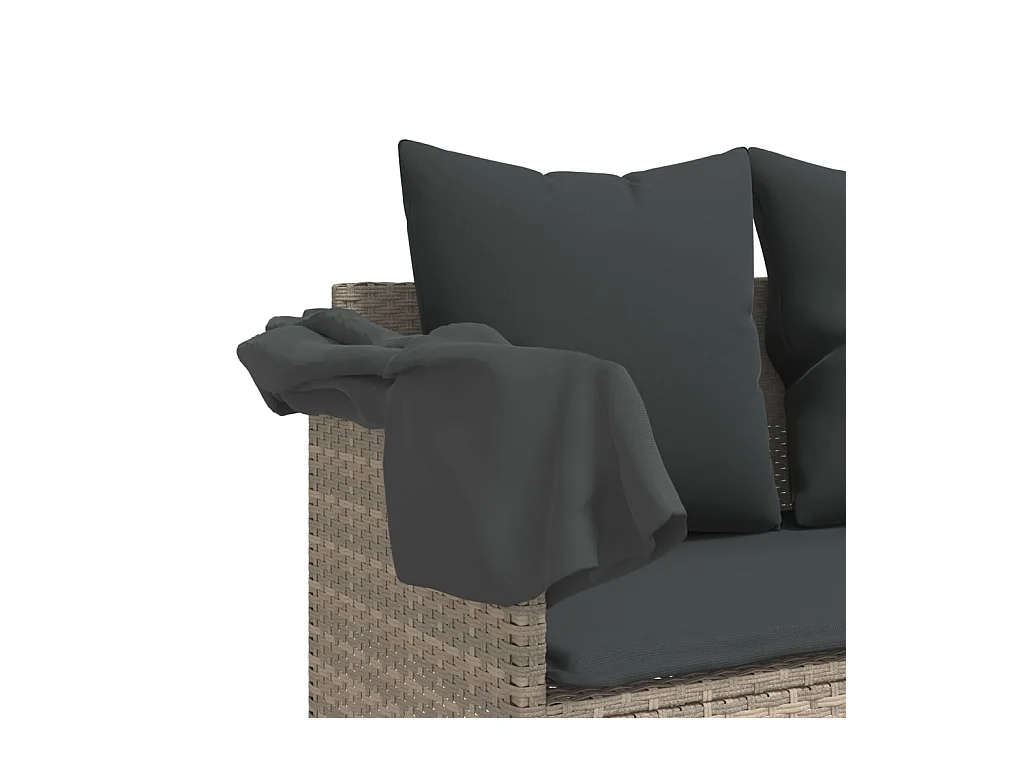 Chaise longue met zonnescherm en lichtgrijze kussens in geweven hars