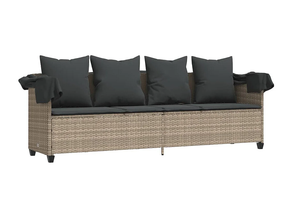 Chaise longue con tenda da sole e cuscini grigio chiaro in resina intrecciata