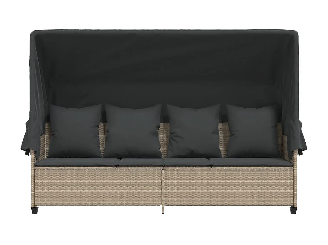 Chaise longue con tenda da sole e cuscini grigio chiaro in resina intrecciata