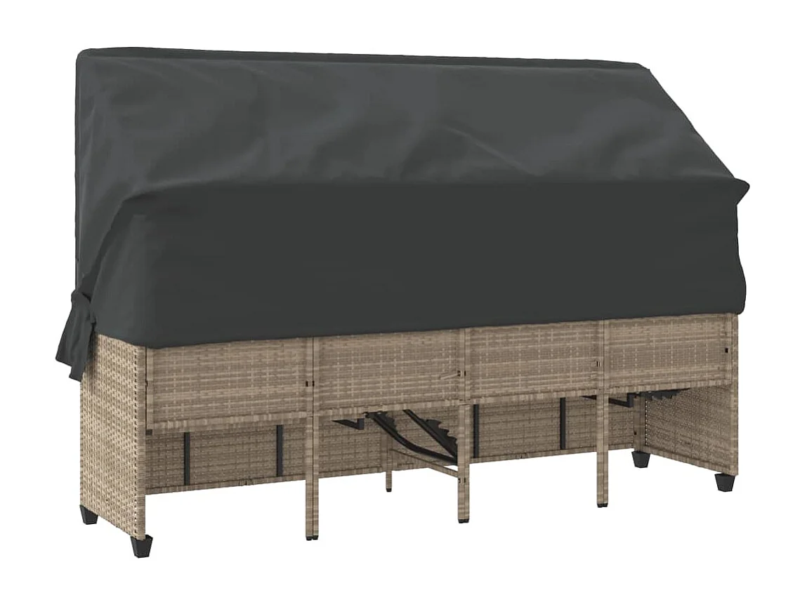 Chaise longue con tenda da sole e cuscini grigio chiaro in resina intrecciata