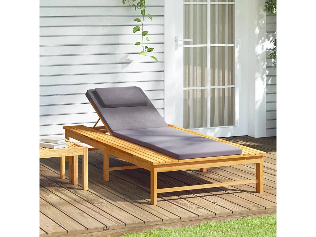 Chaise longue gris oscuro y cojín/almohada en madera maciza de acacia