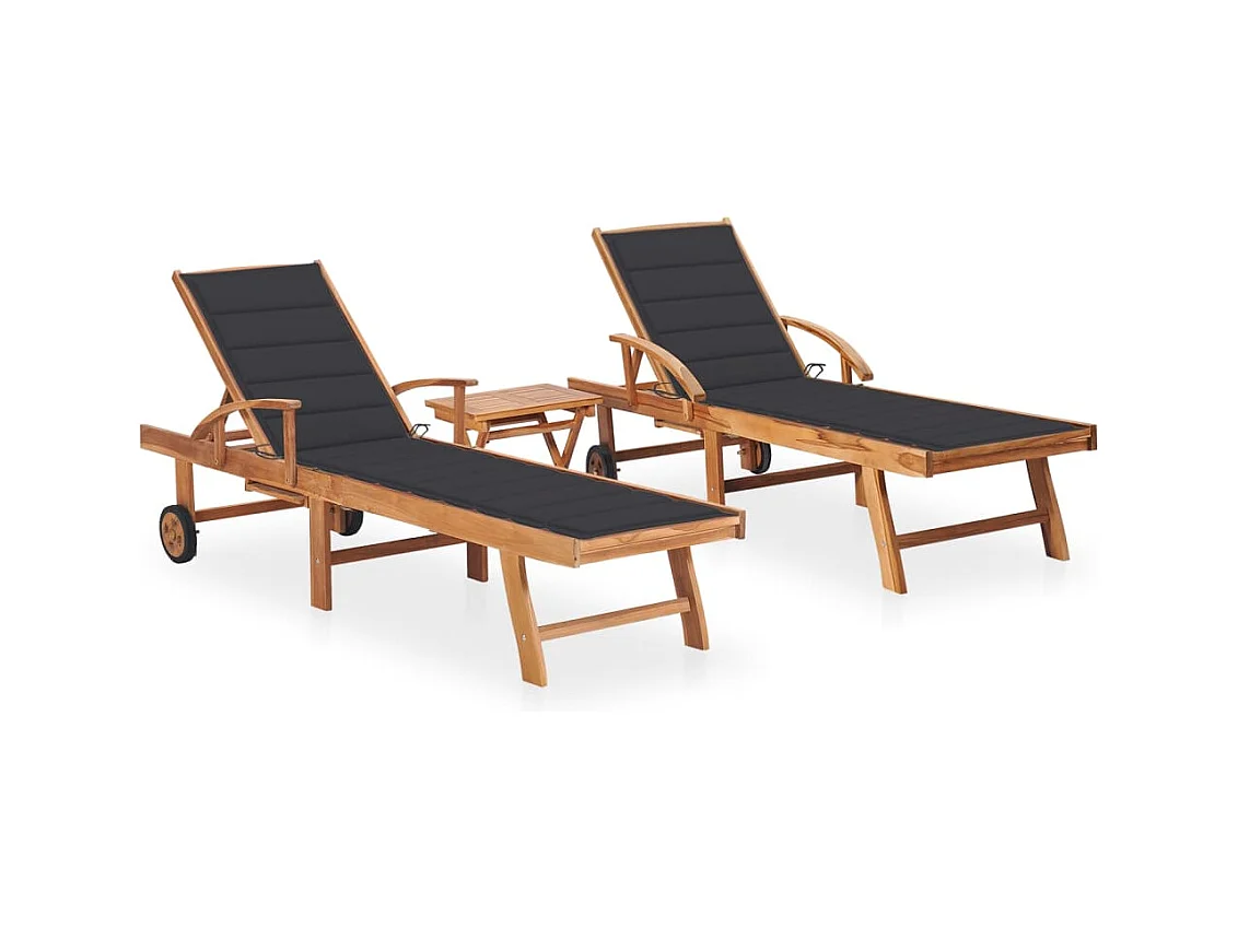 Chaises longues lot de 2 avec table et coussin Bois teck solide