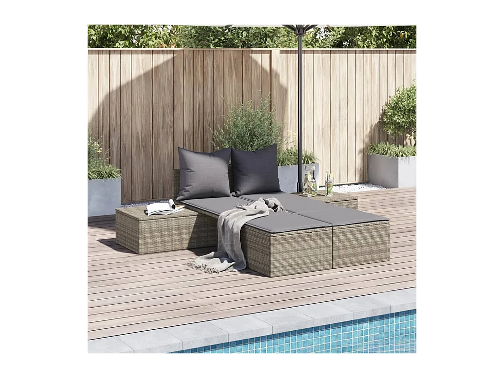 Chaise longue doble con cojines de mimbre de resina gris