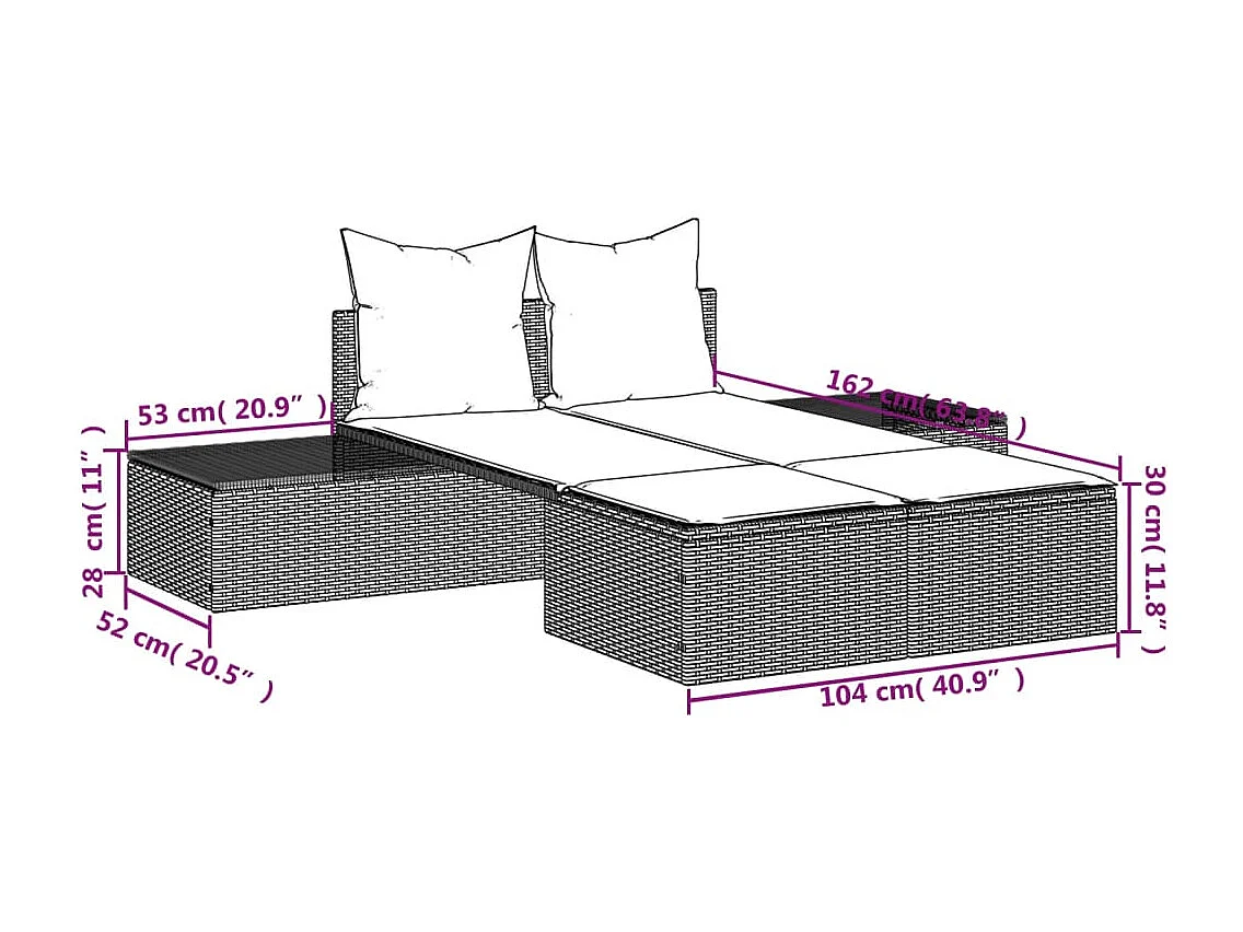 Chaise longue doble con cojines de mimbre de resina gris