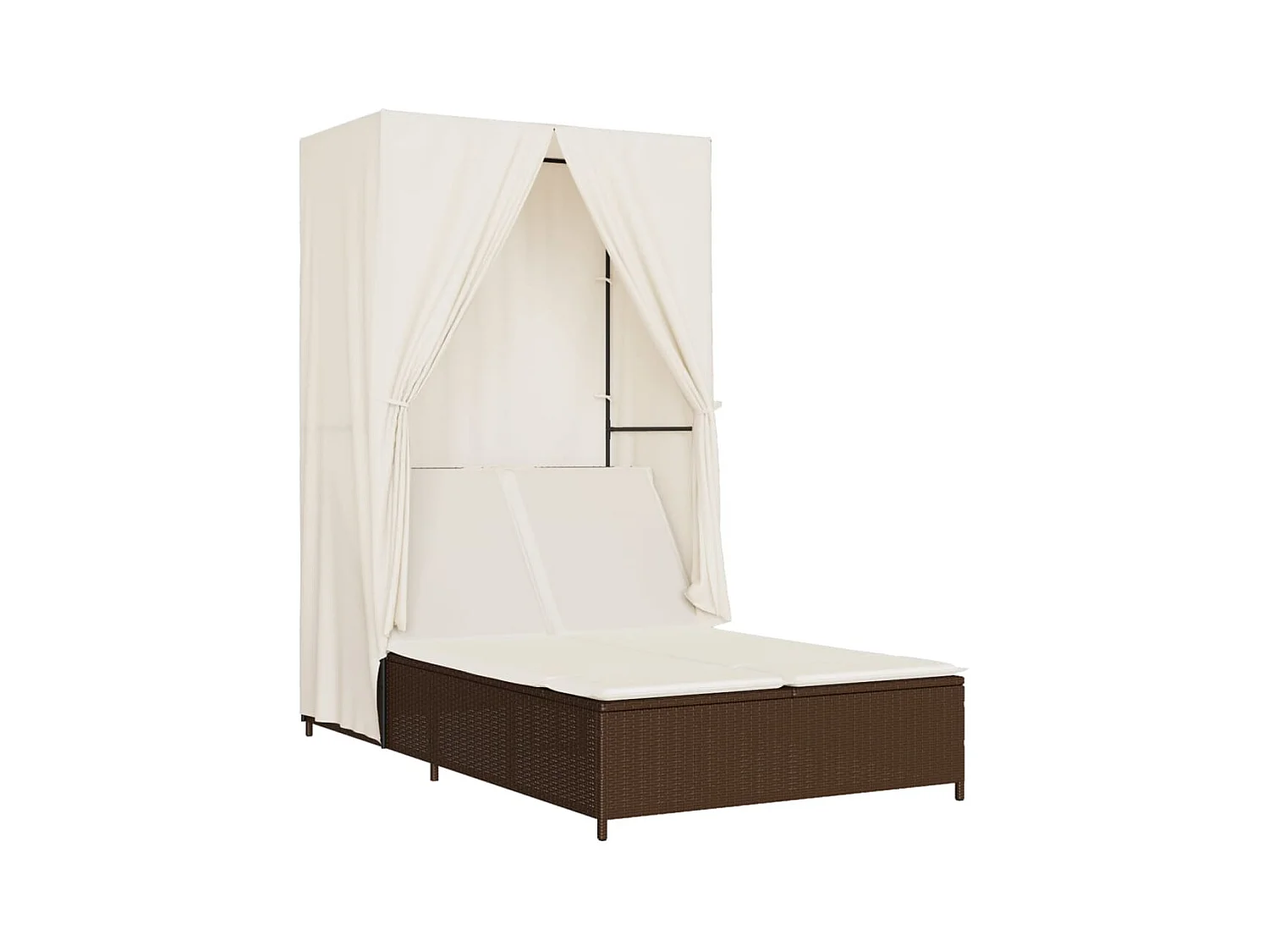 Dubbele chaise longue met dak en bruine geweven harsgordijnen