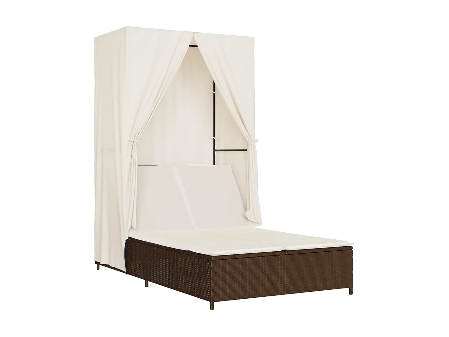 Chaise longue doble con techo y cortinas de resina tejida marrón