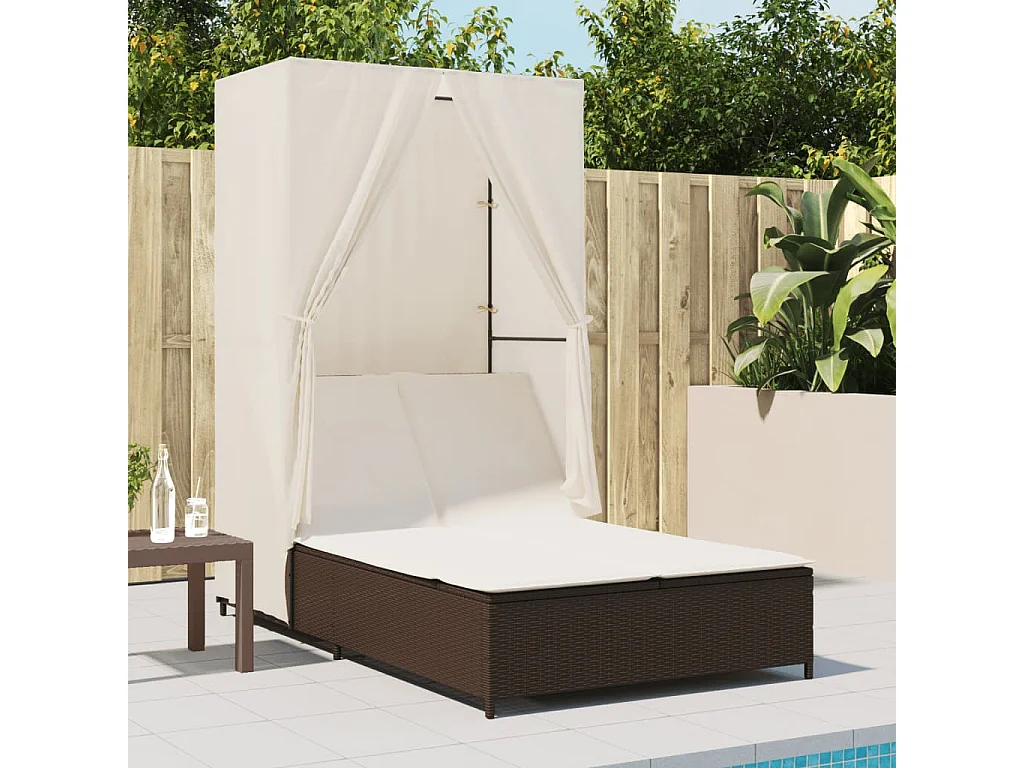 Chaise longue doble con techo y cortinas de resina tejida marrón