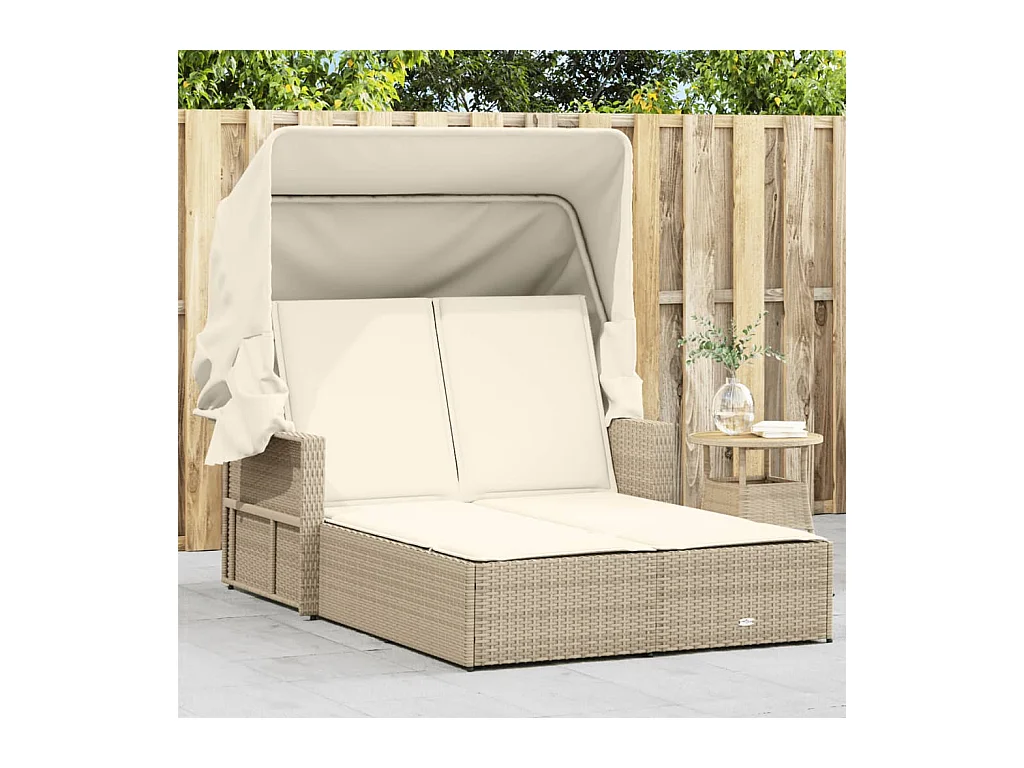 Dubbele chaise longue met hemel en beige polyrotan kussens