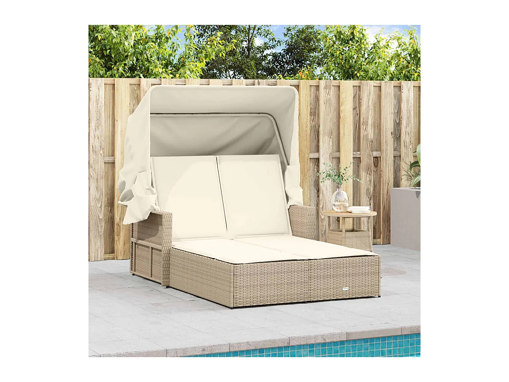 Dubbele chaise longue met hemel en beige polyrotan kussens