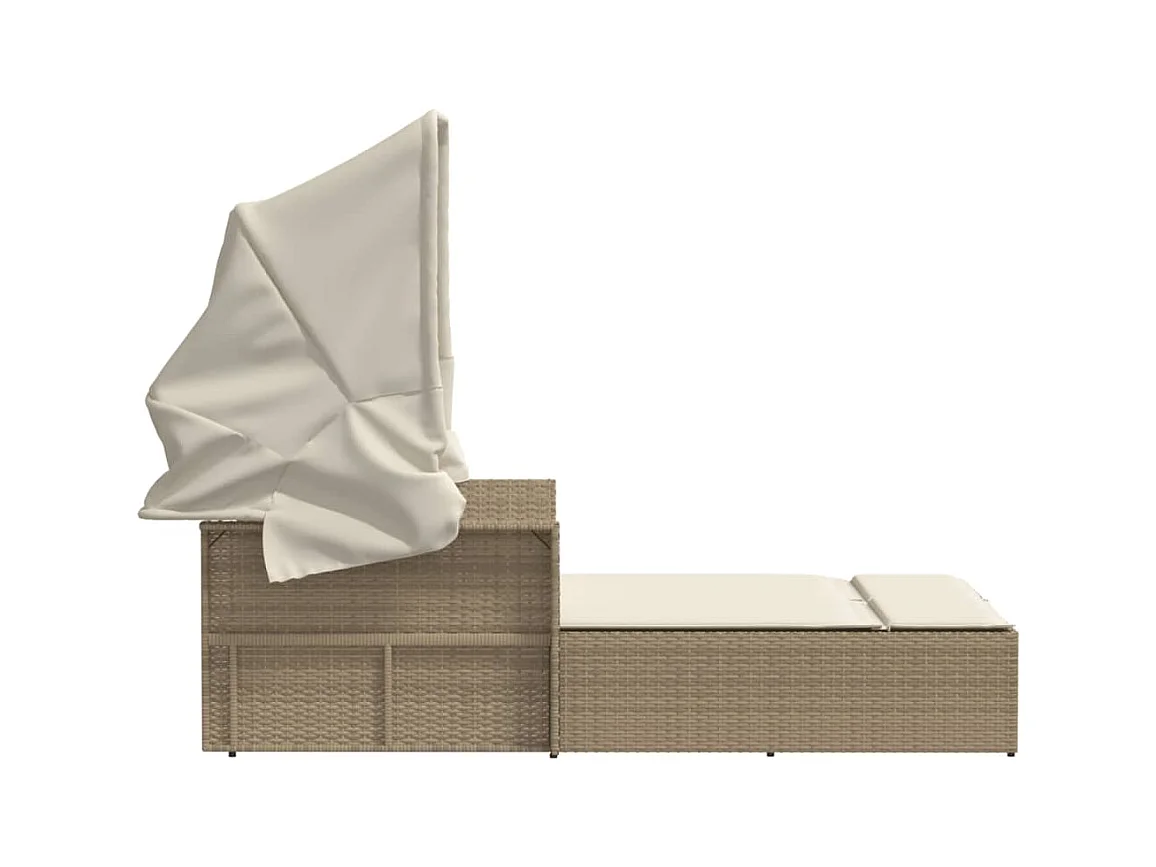 Dubbele chaise longue met hemel en beige polyrotan kussens