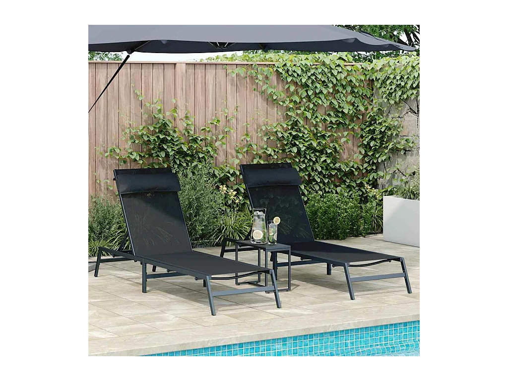 Transats avec table 3 pcs Noir et anthracite 197 x 54 x 86 cm