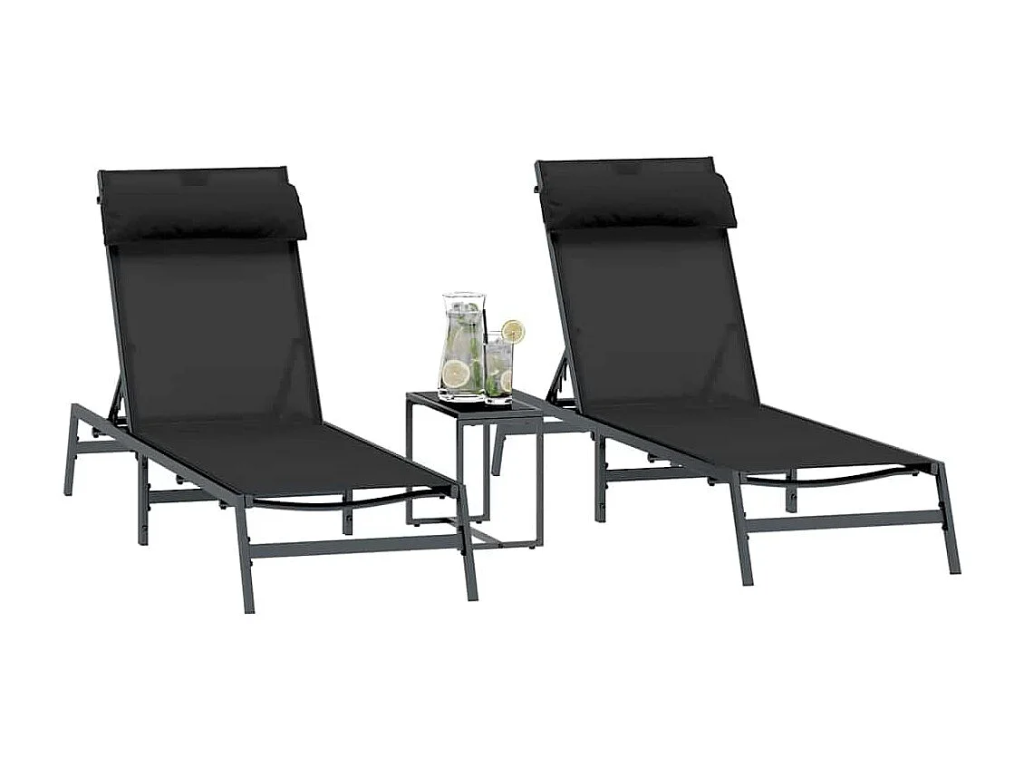 Transats avec table 3 pcs Noir et anthracite 197 x 54 x 86 cm