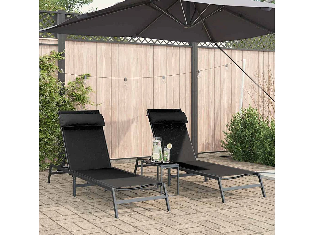 Transats avec table 3 pcs Noir et anthracite 197 x 54 x 86 cm