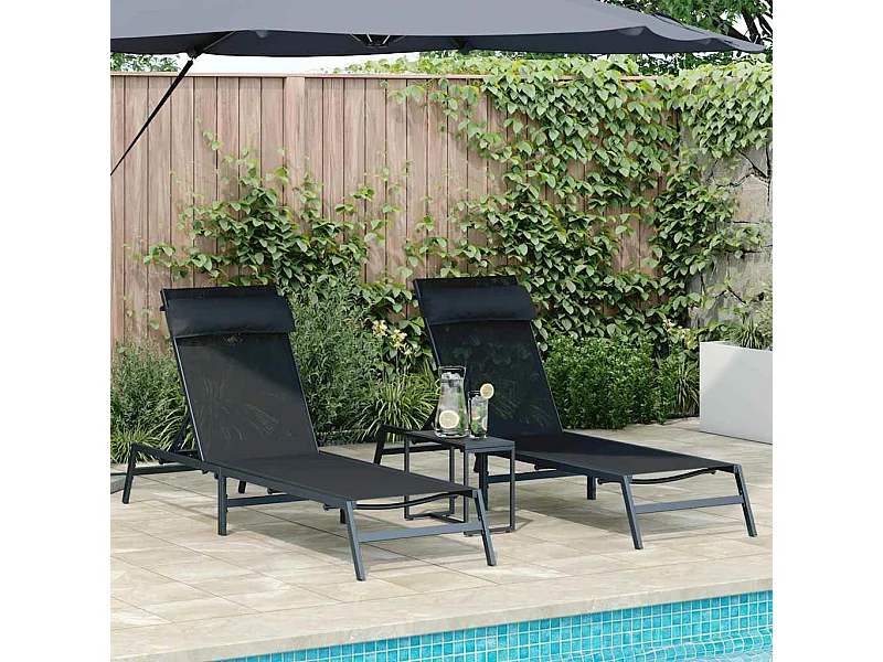 Transats avec table 3 pcs Noir et anthracite 197 x 54 x 86 cm