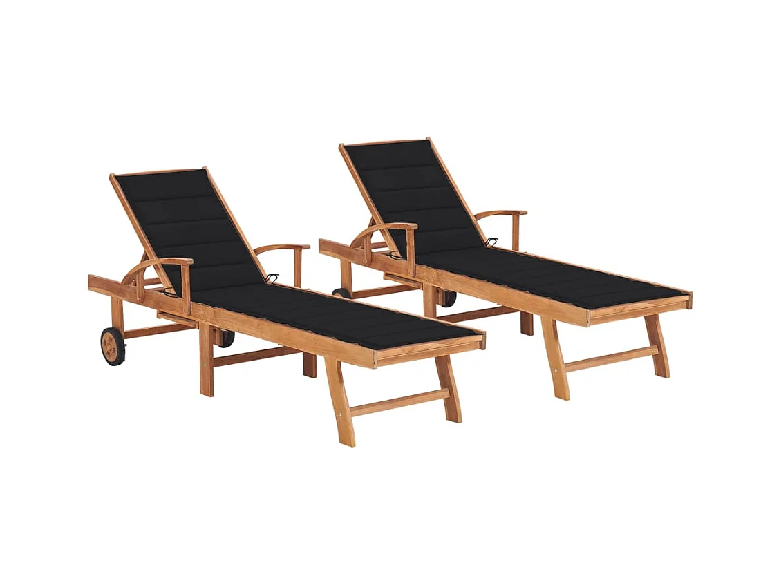 Chaises longues lot de 2 avec coussin noir Bois de teck solide