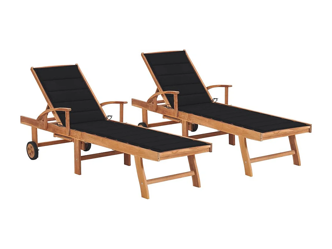 Chaises longues lot de 2 avec coussin noir Bois de teck solide