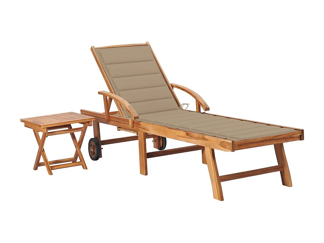 Chaise longue avec table et coussin Bois de teck solide