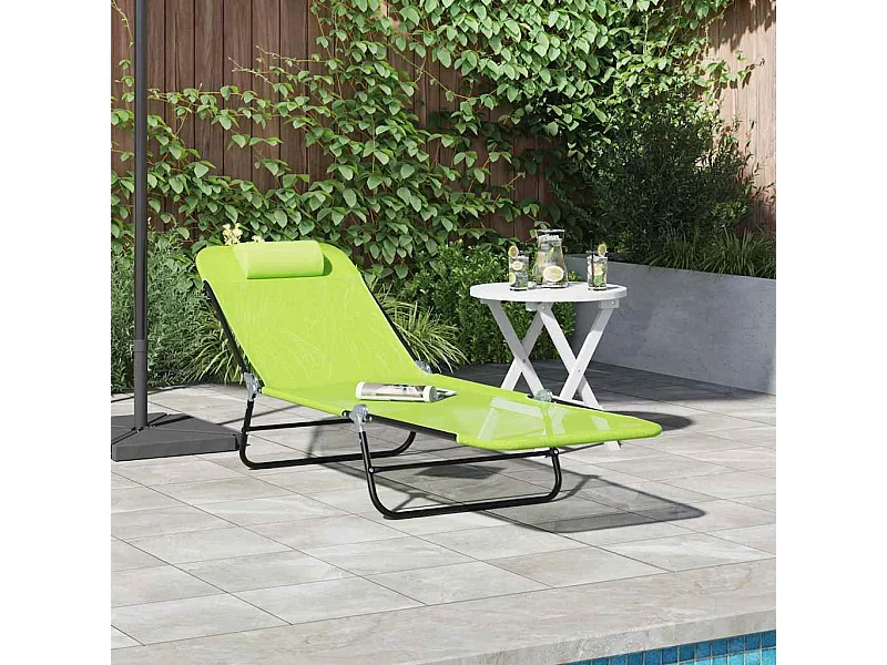 Chaise longue pliable avec têtière, vert textilène