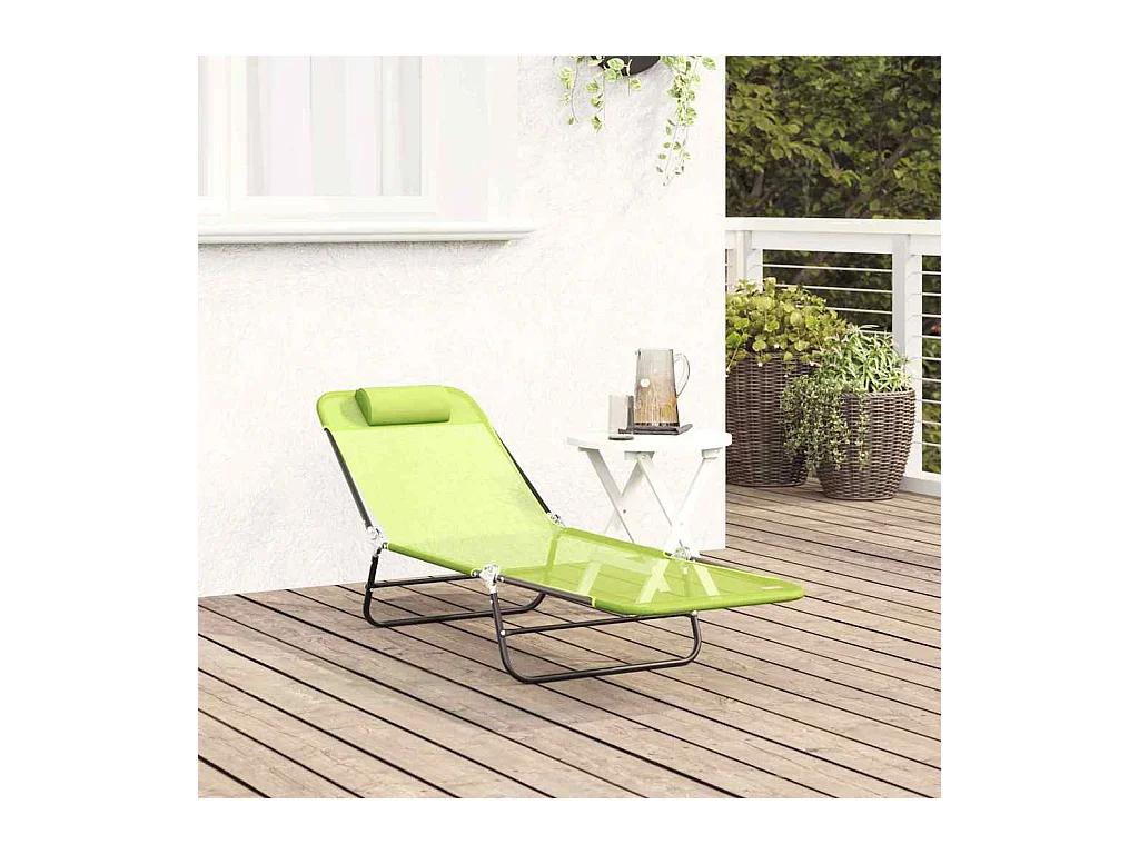 Chaise longue pliable avec têtière, vert textilène