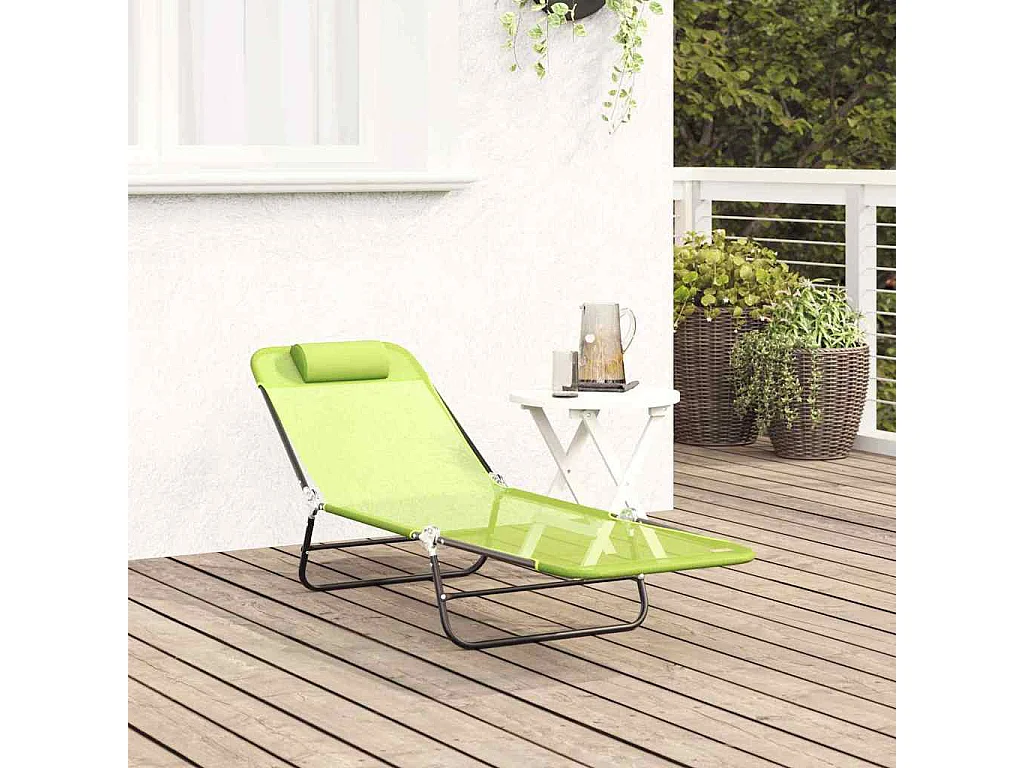 Chaise longue pliable avec têtière, vert textilène