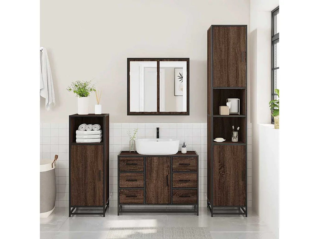 Mueble de lavabo de baño de madera de ingeniería de roble marrón