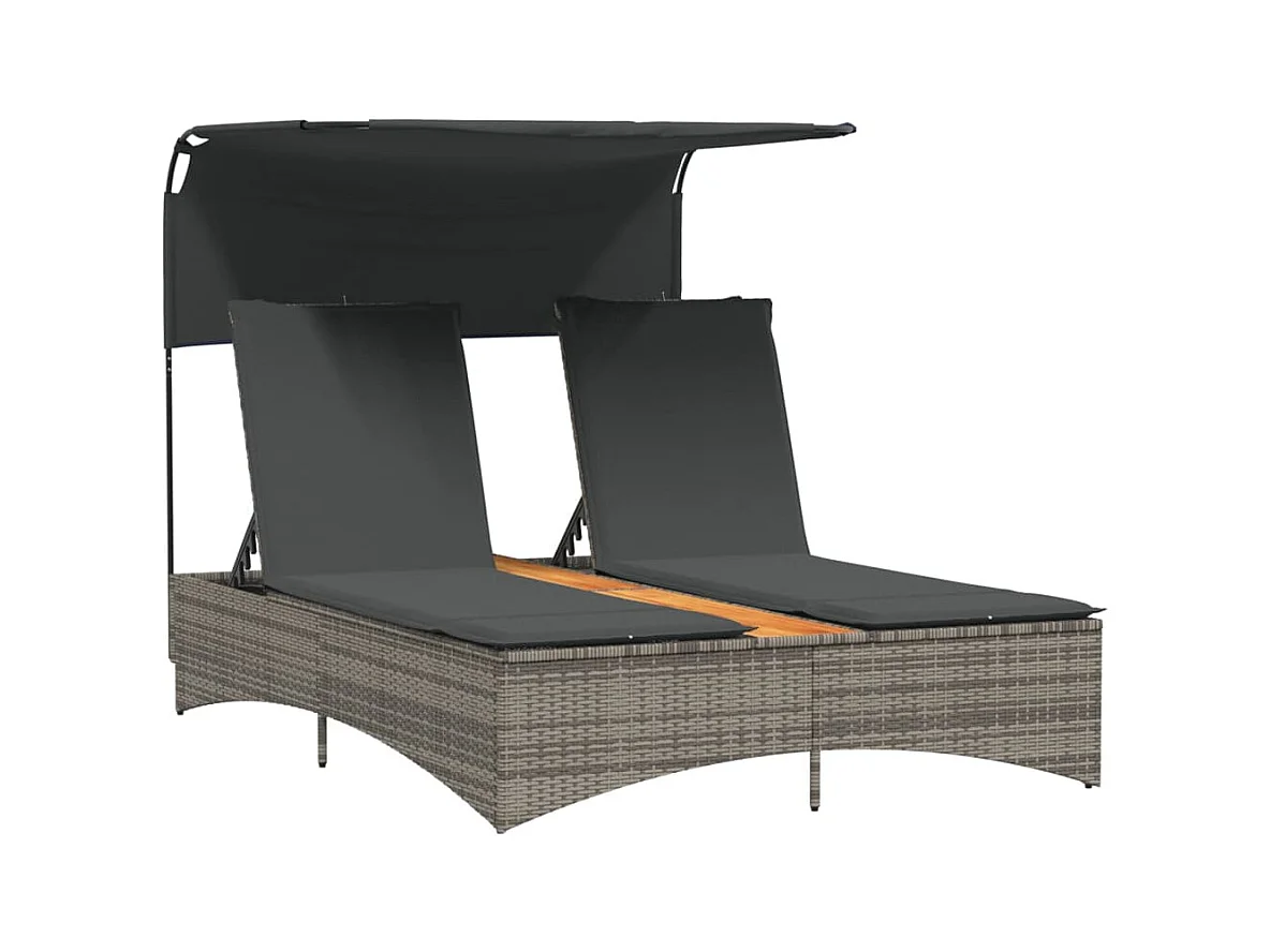 Dubbele chaise longue met zonnescherm en grijze kunsthars rieten kussens