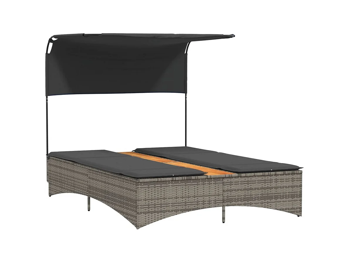 Dubbele chaise longue met zonnescherm en grijze kunsthars rieten kussens