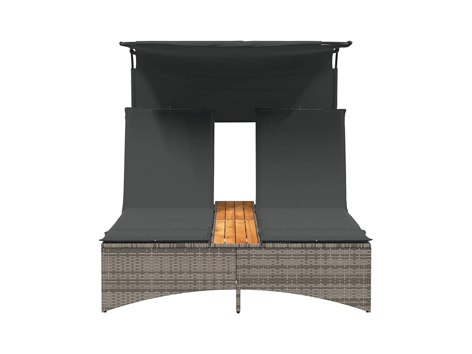 Dubbele chaise longue met zonnescherm en grijze kunsthars rieten kussens