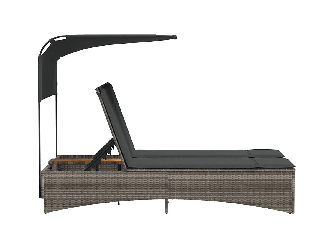 Dubbele chaise longue met zonnescherm en grijze kunsthars rieten kussens