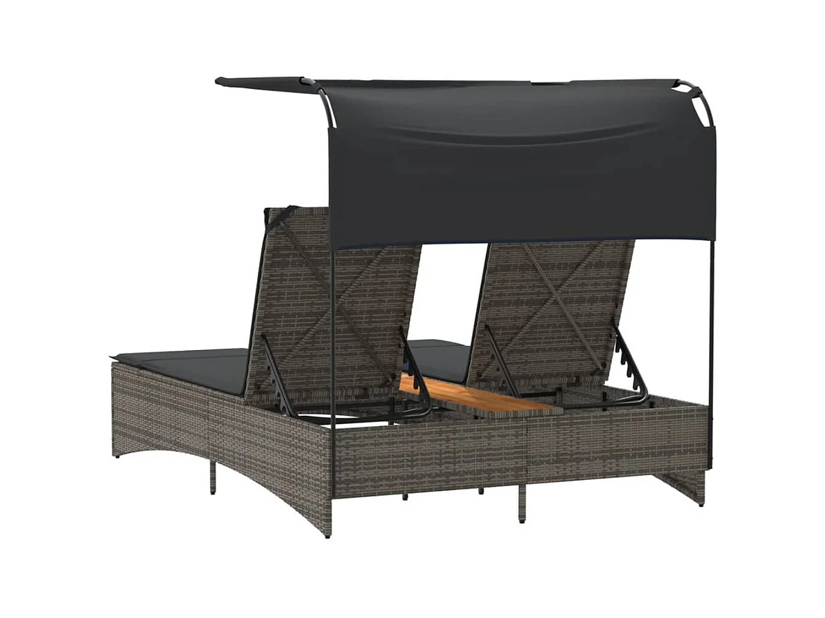 Dubbele chaise longue met zonnescherm en grijze kunsthars rieten kussens