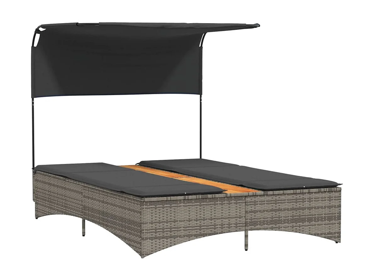 Chaise longue doppia con tenda da sole e cuscini in vimini di resina grigia