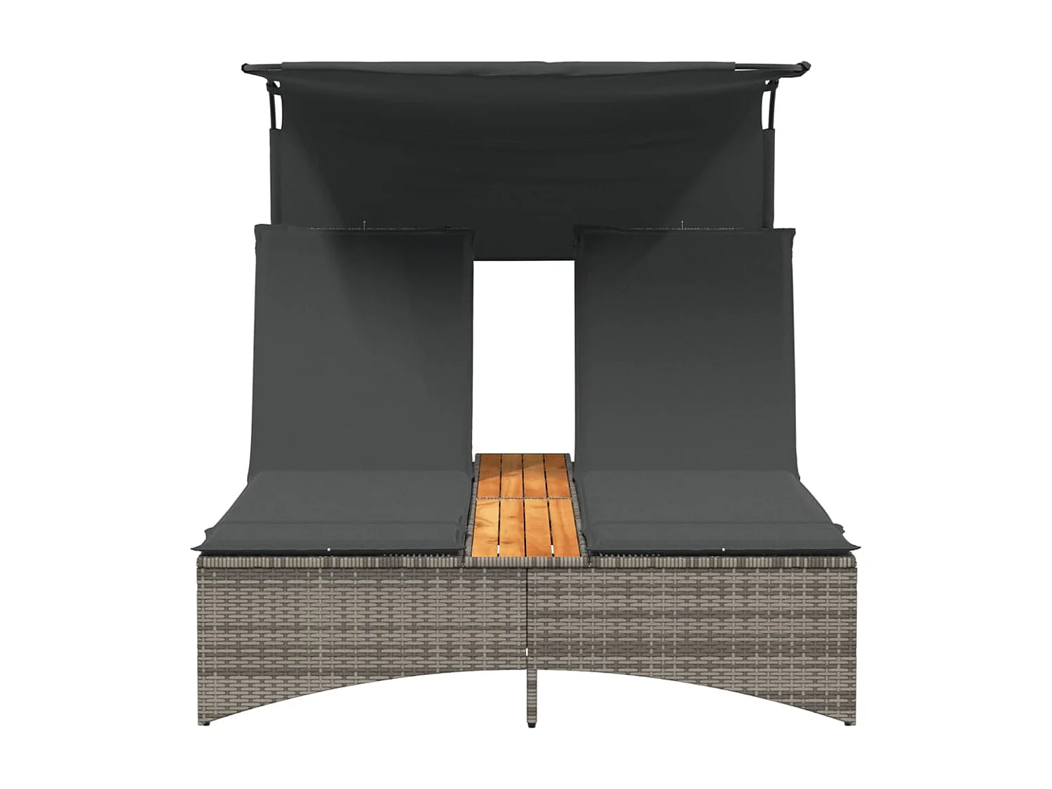 Chaise longue doppia con tenda da sole e cuscini in vimini di resina grigia