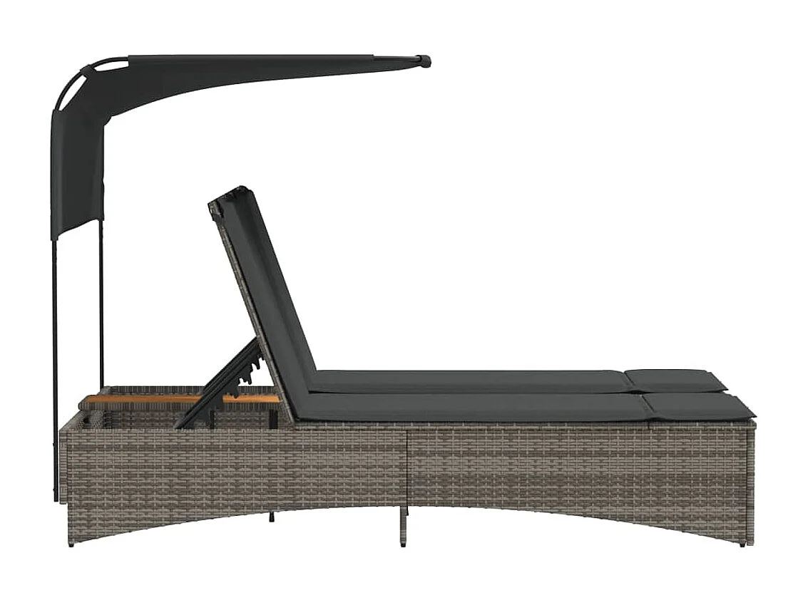 Chaise longue doppia con tenda da sole e cuscini in vimini di resina grigia