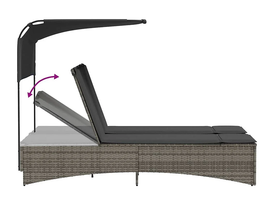 Chaise longue doppia con tenda da sole e cuscini in vimini di resina grigia