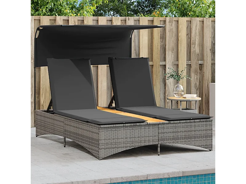 Chaise longue doppia con tenda da sole e cuscini in vimini di resina grigia