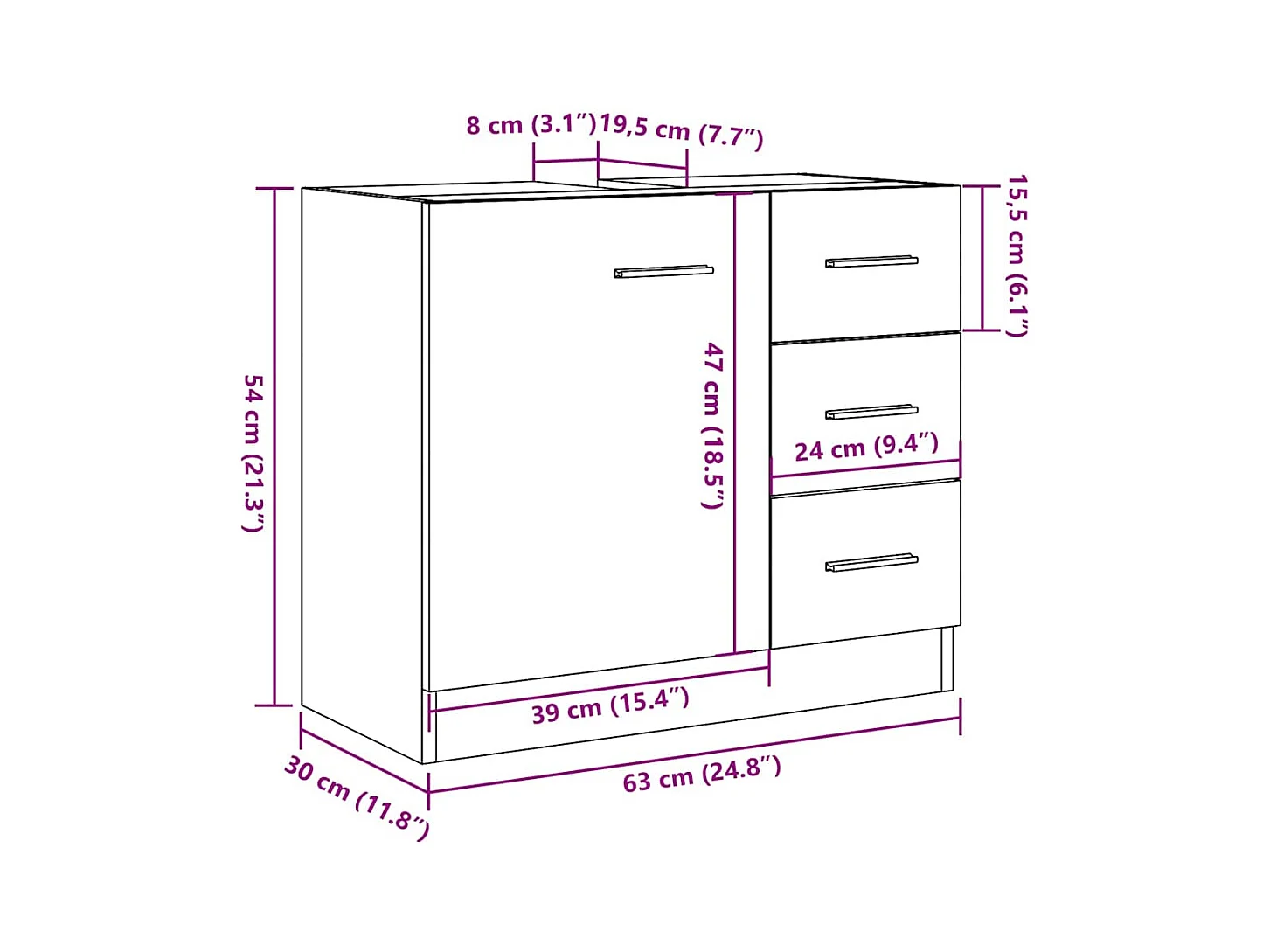 Mueble lavabo de roble artesanal 63x30x54 cm madera de ingeniería
