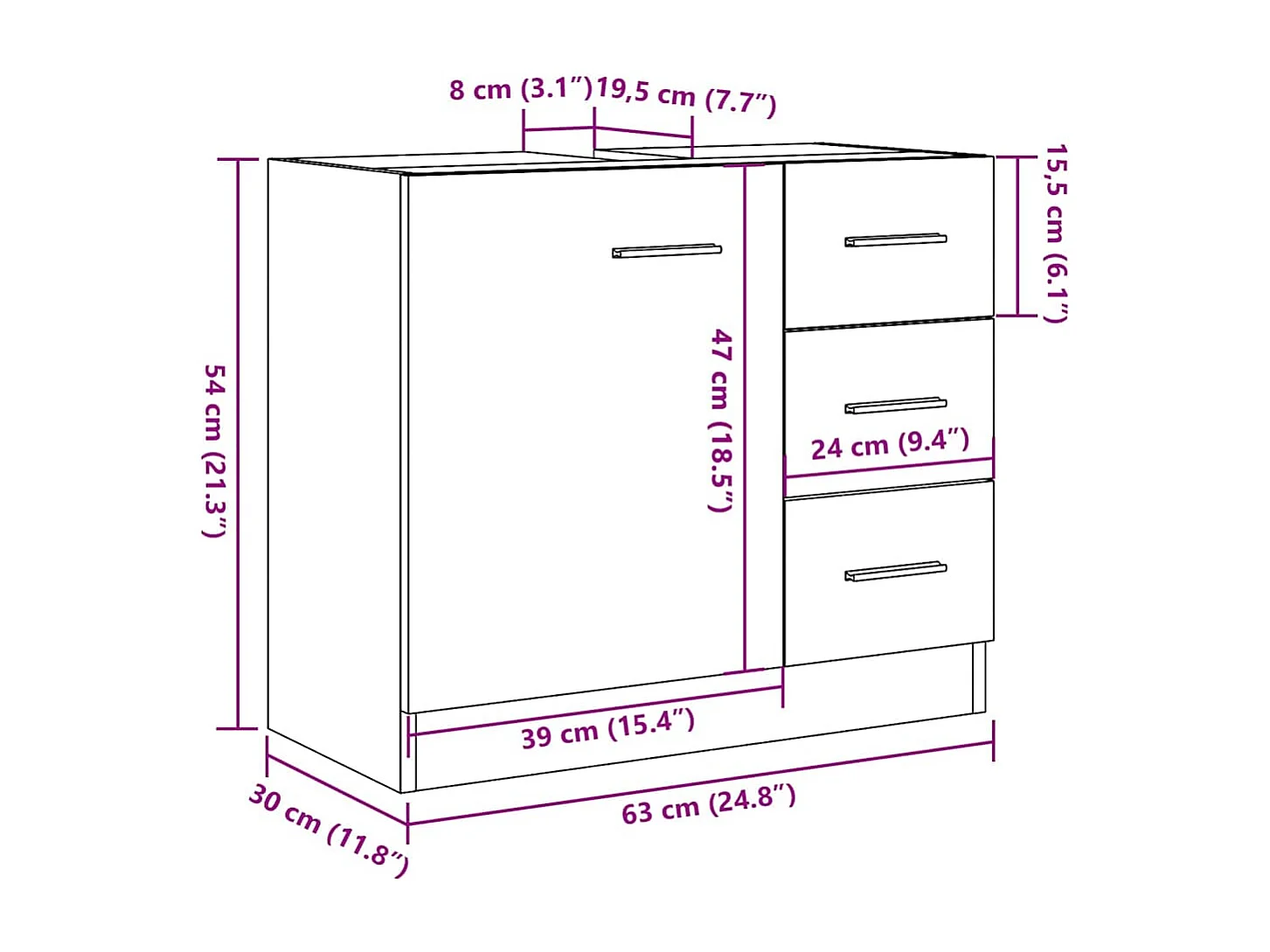 Mueble lavabo de roble artesanal 63x30x54 cm madera de ingeniería