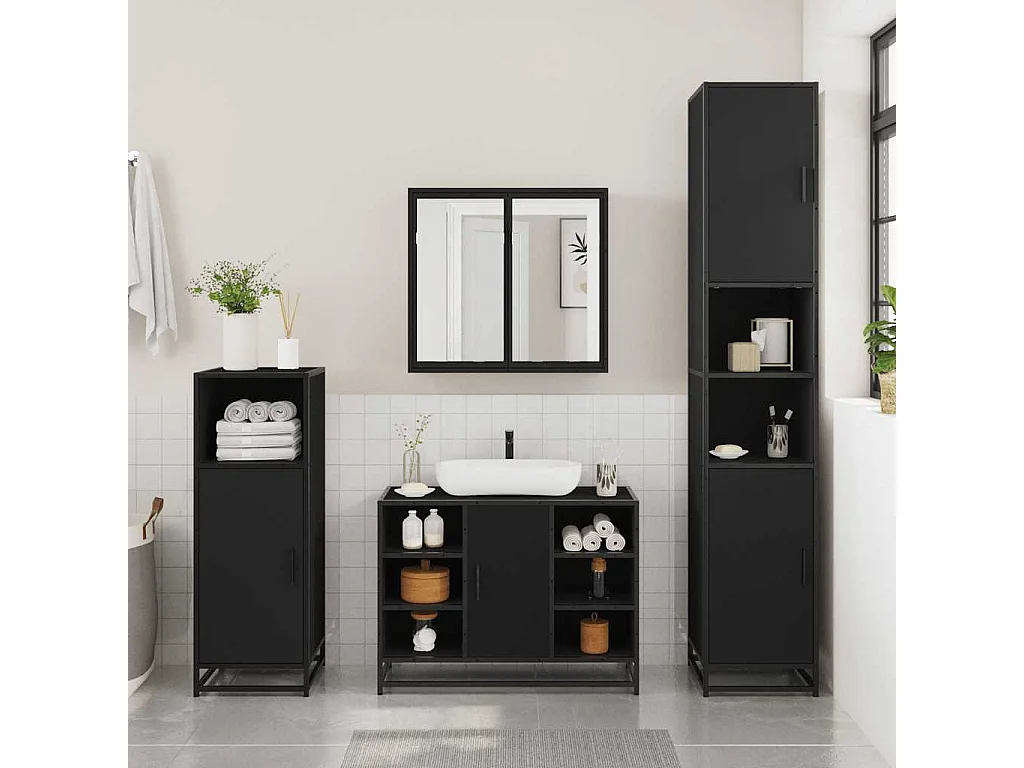 Armoire lavabo de salle de bain noir 80x33x60cm bois ingénierie