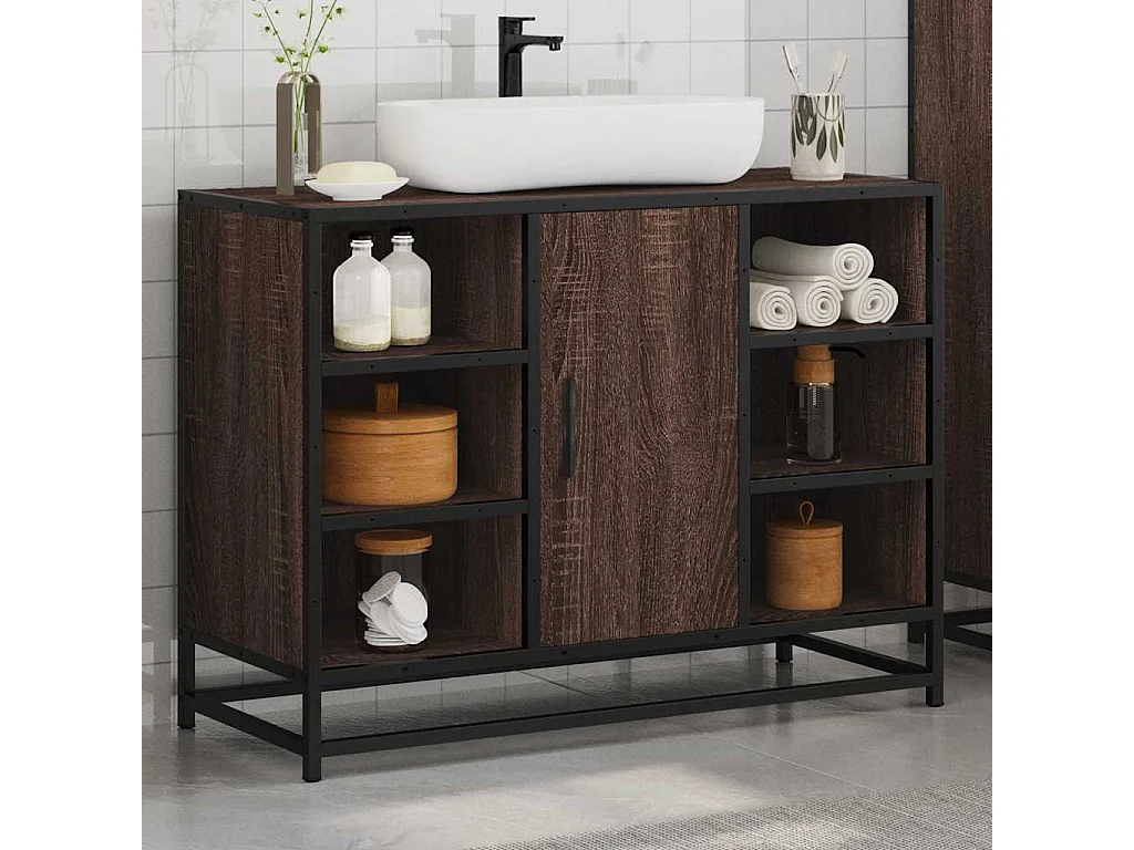 Mueble de lavabo de baño de madera de ingeniería de roble marrón