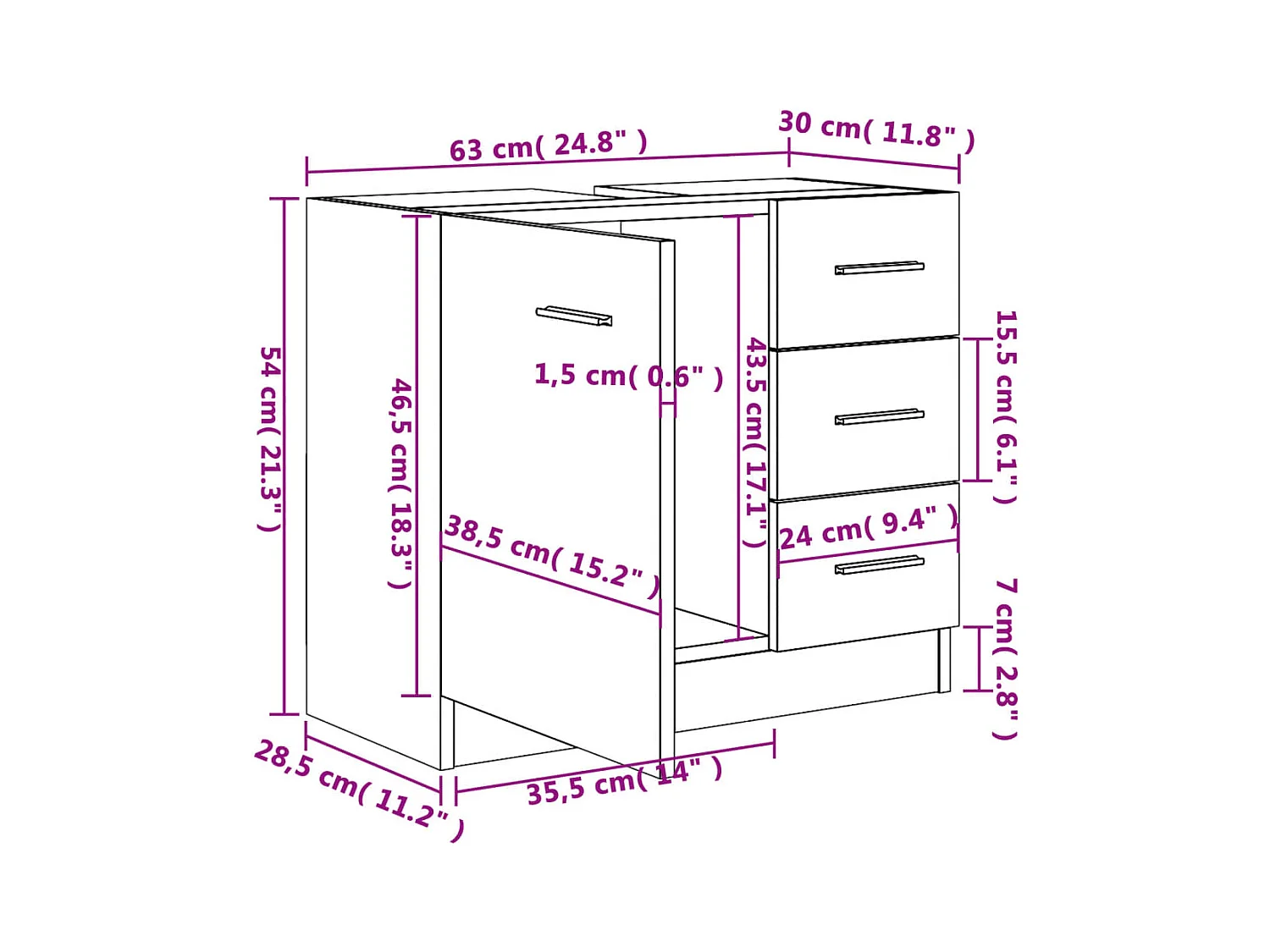 Witte spoelbakkast 63x30x54 cm bewerkt hout