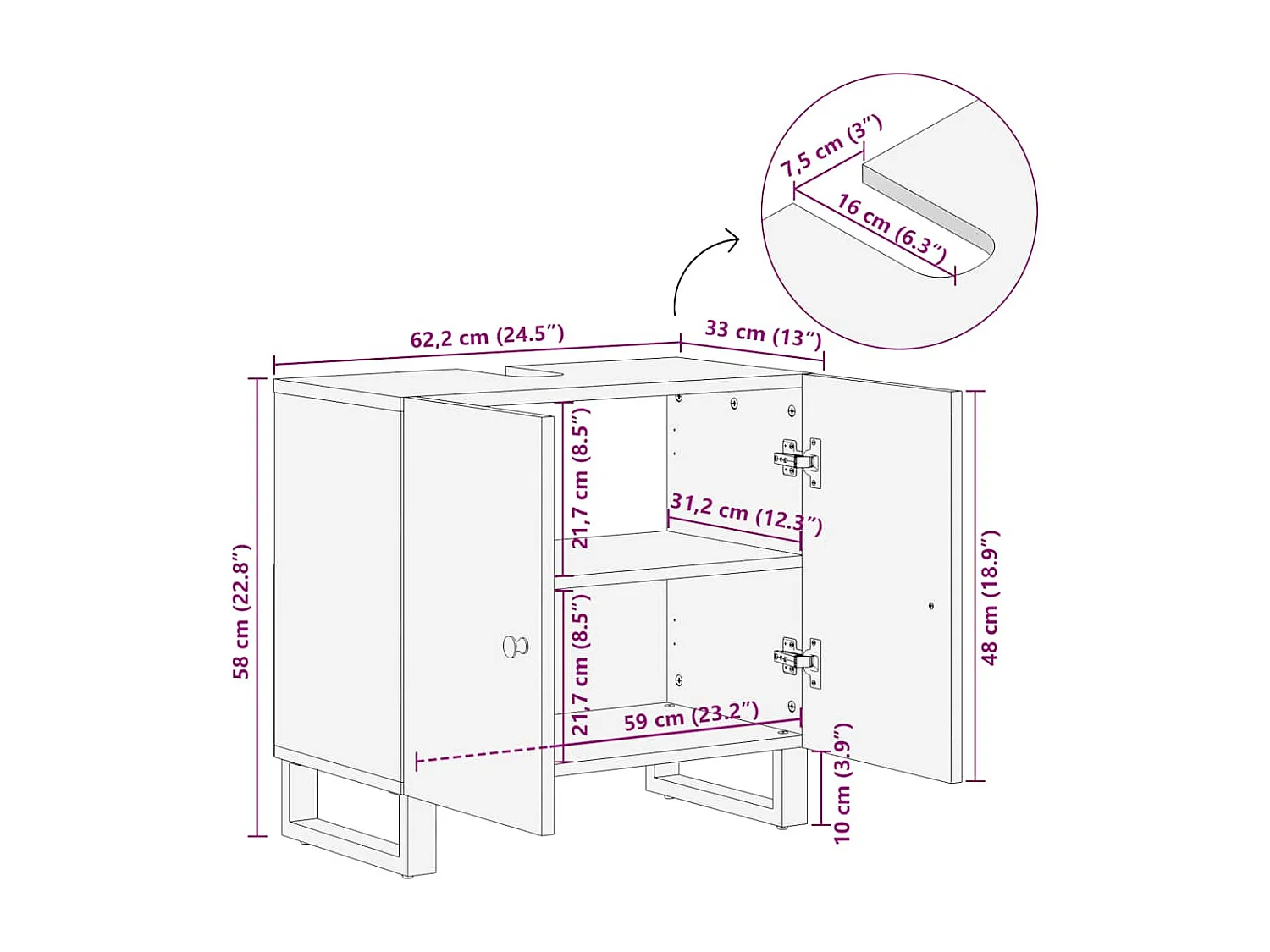 Mobile lavabo 62x33x58 cm in legno di recupero e ingegnerizzato