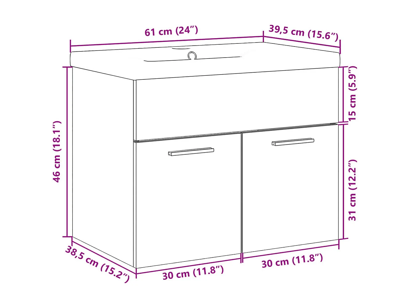 Mueble de baño con lavabo integrado en roble Sonoma