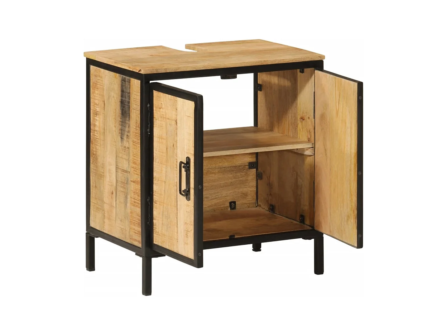 Badkamerwastafelkast van massief mangohout en ijzer