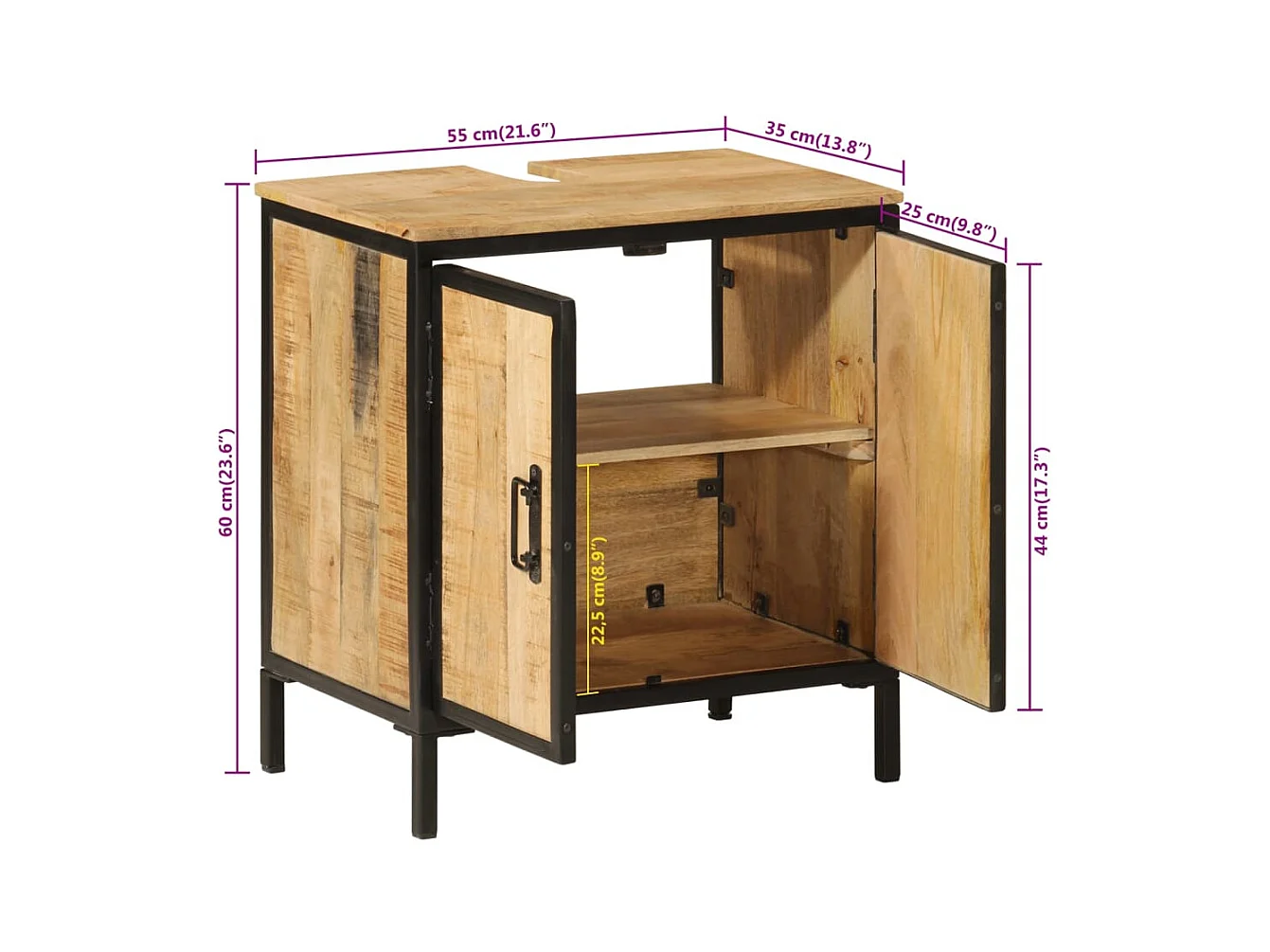 Badkamerwastafelkast van massief mangohout en ijzer