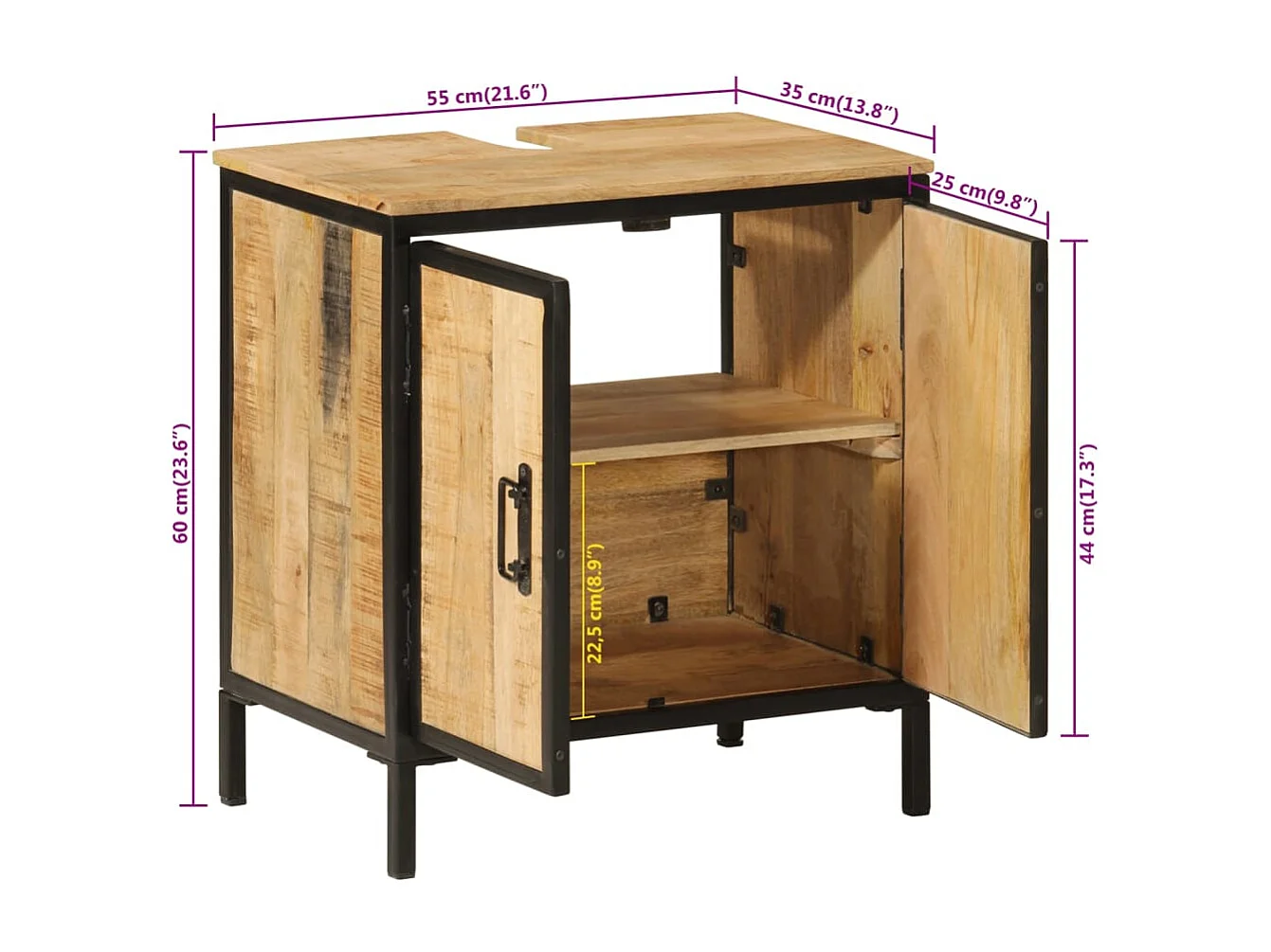 Mueble de lavabo de baño en madera maciza de mango y hierro